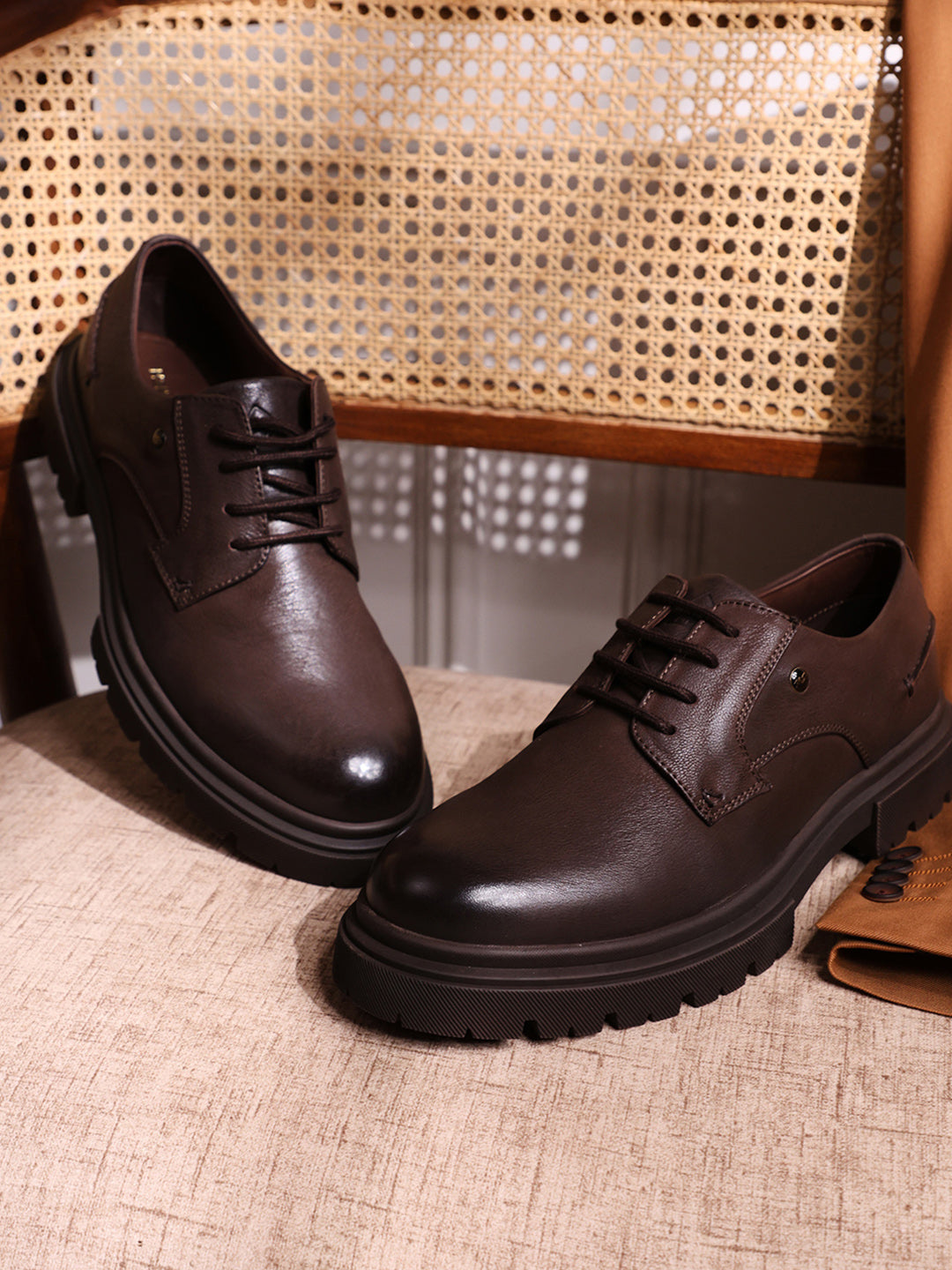 Men Brown Lace Up Leather Chunky Shoes