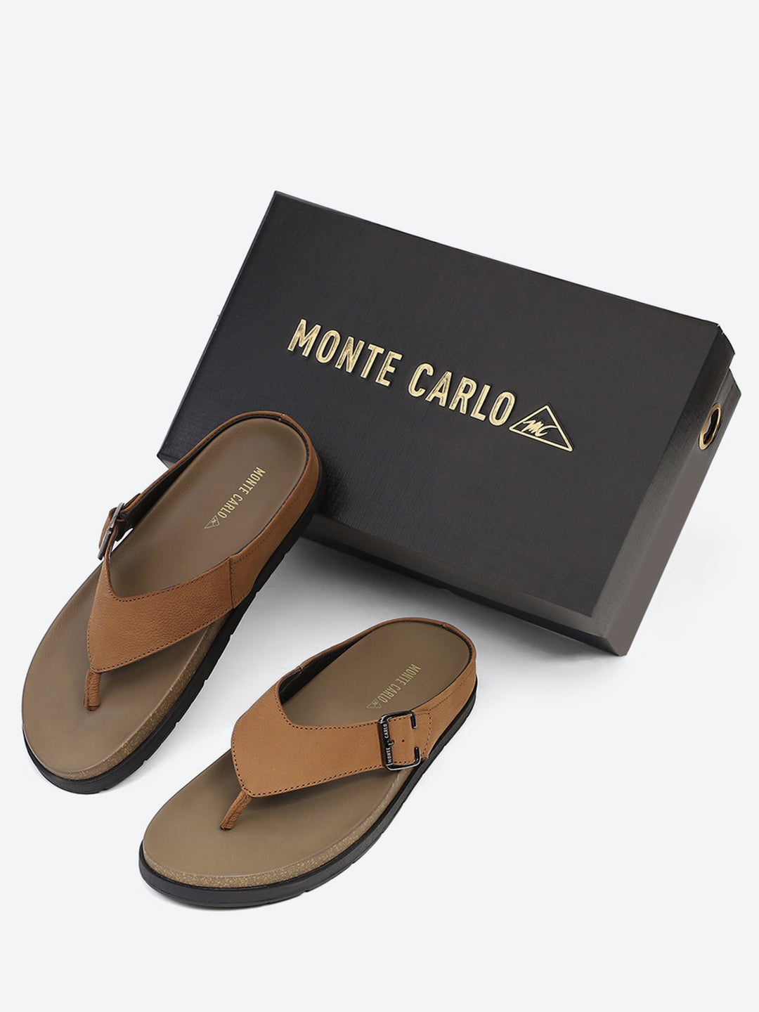 Men Tan Buckle Genuine Leather Slipper