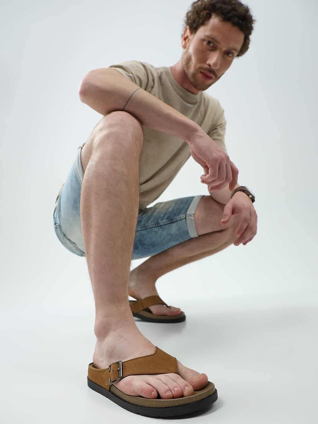 Men Tan Buckle Genuine Leather Slipper