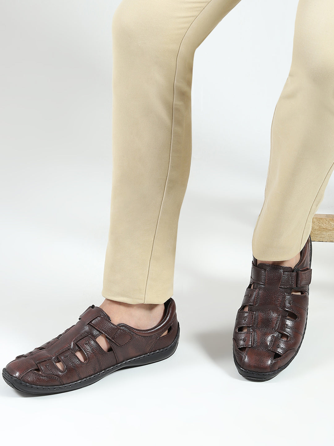 Men Brown Velcro Leather Sandals