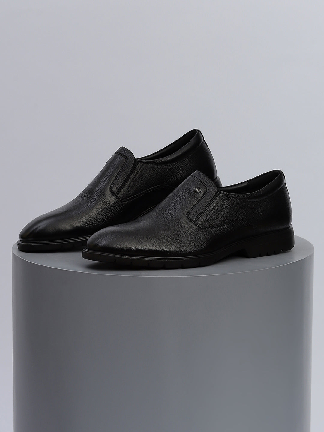 Men Black Solid Slip on Genuine Leather Formal Shoes