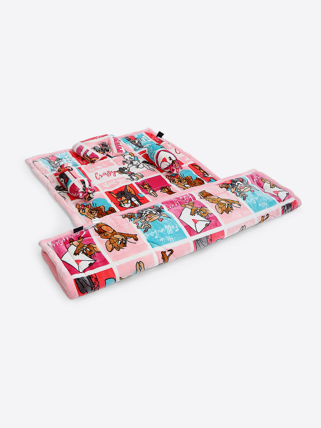 Tom and Jerry Print Velvety Soft Pink Baby Blanket Set with Matching Comforter, Bedsheet, Neck Pillow, and Bolsters