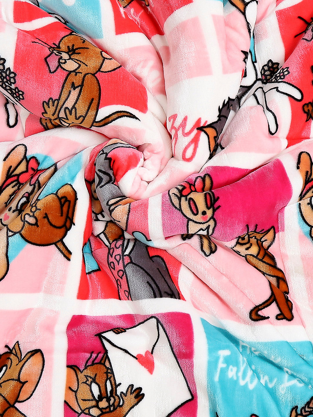 Tom and Jerry Print Velvety Soft Pink Baby Blanket Set with Matching Comforter, Bedsheet, Neck Pillow, and Bolsters