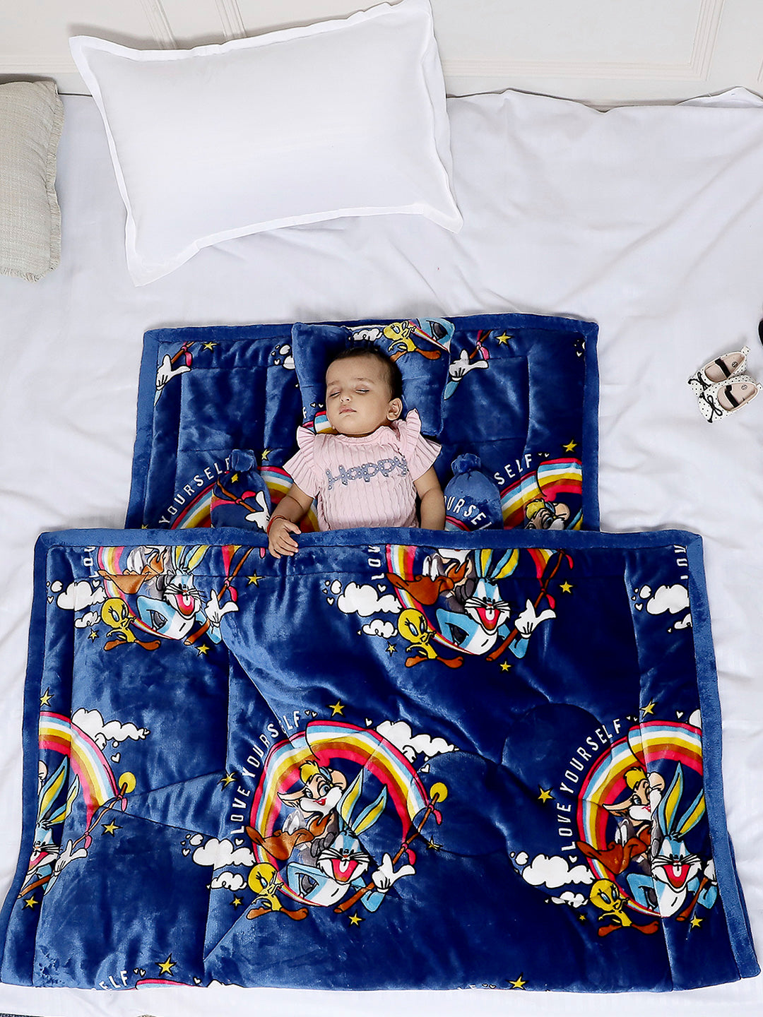 Looney Tunes Print Ultra Soft Blue Baby Blanket Set with Matching Comforter, Bedsheet, Neck Pillow, and Bolsters