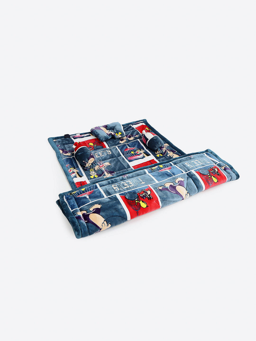 Tweety Bird Print Plush Soft Blue Baby Blanket Set with Matching Comforter, Bedsheet, Neck Pillow, and Bolsters