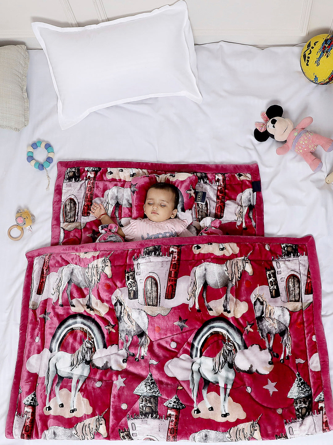 Cartoon Print Cozy Red Baby Blanket Set with Matching Comforter, Bedsheet, Neck Pillow, and Bolsters