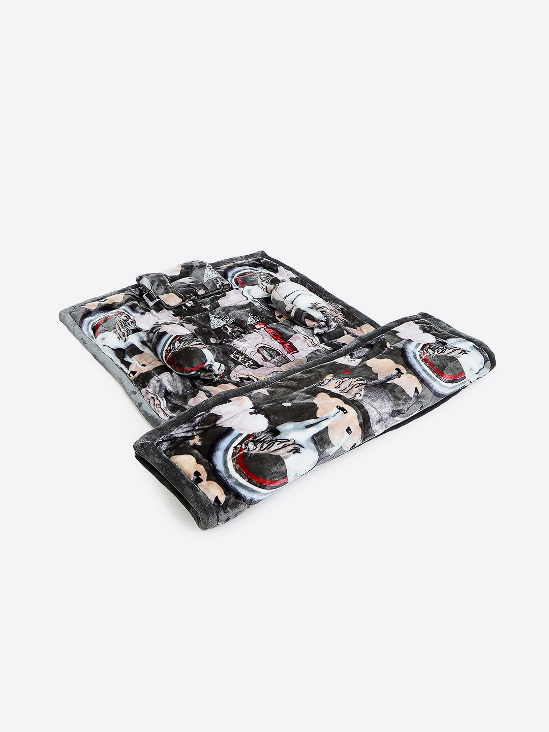 Graphic Print Soft Plush Grey Baby Blanket Set with Matching Comforter, Bedsheet, Neck Pillow, and Bolsters