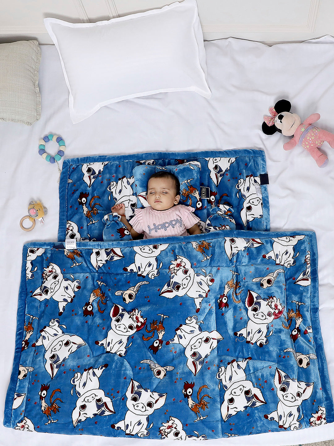 Moana Print Plush Soft Disney Blue Baby Blanket Set with Matching Comforter, Bedsheet, Neck Pillow, and Bolsters