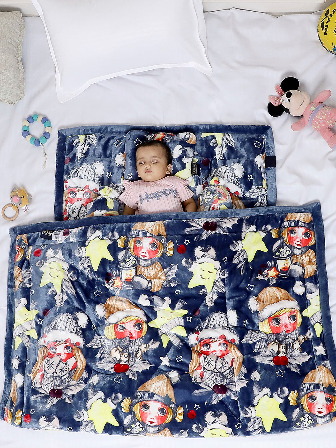 Printed Baby Blanket 3 Ply, 1609 GSM 5Pcs Set (1 Baby Comforter, 1 Bedsheet, 1 Neck Pillow & 2 Bolster)