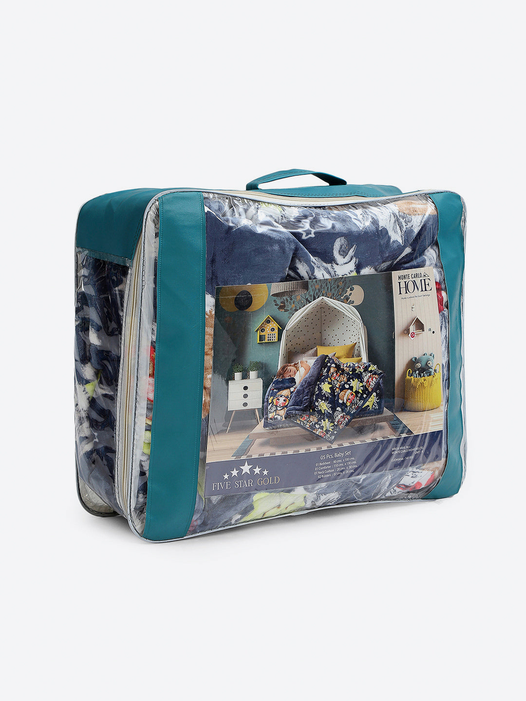 Printed Baby Blanket 3 Ply, 1609 GSM 5Pcs Set (1 Baby Comforter, 1 Bedsheet, 1 Neck Pillow & 2 Bolster)