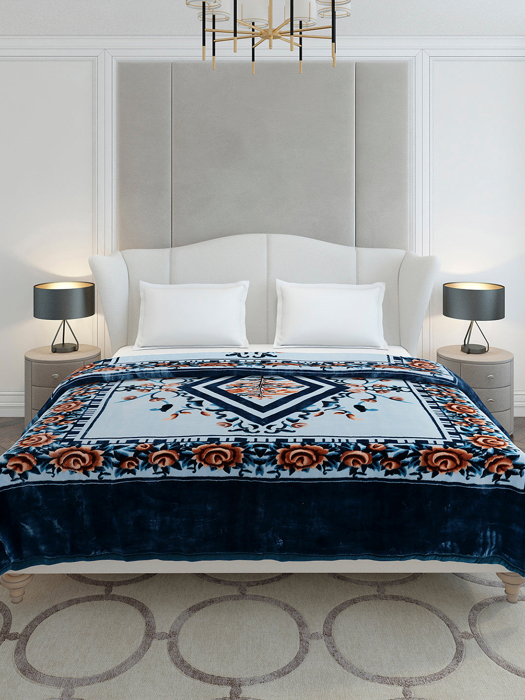 Printed Double Bed 2 Ply, 1042 GSM Cloudy Blanket for Heavy Winter - (Emilia)