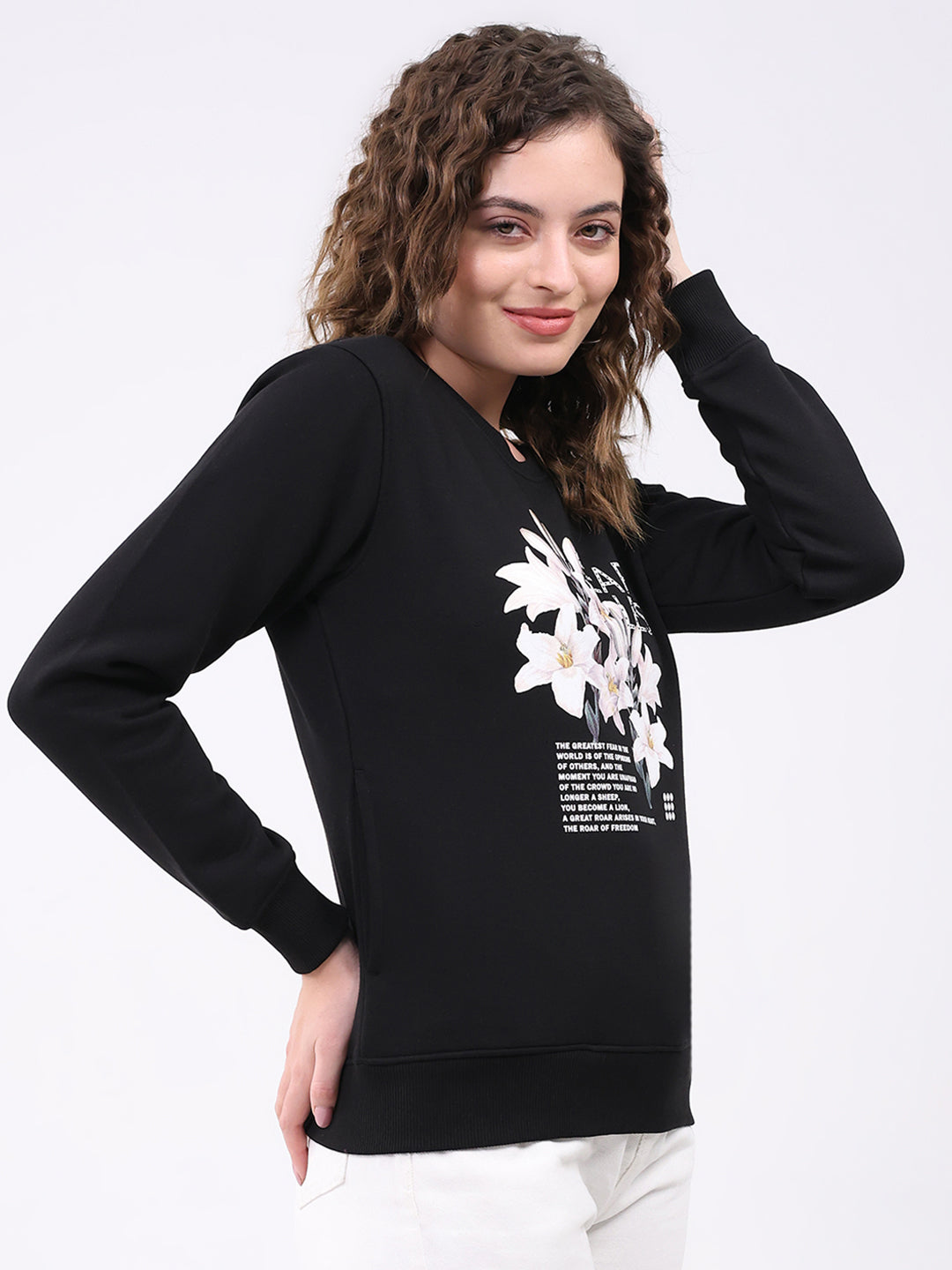 Rock.it Women Black Printed Round Neck Full Sleeve Sweatshirt