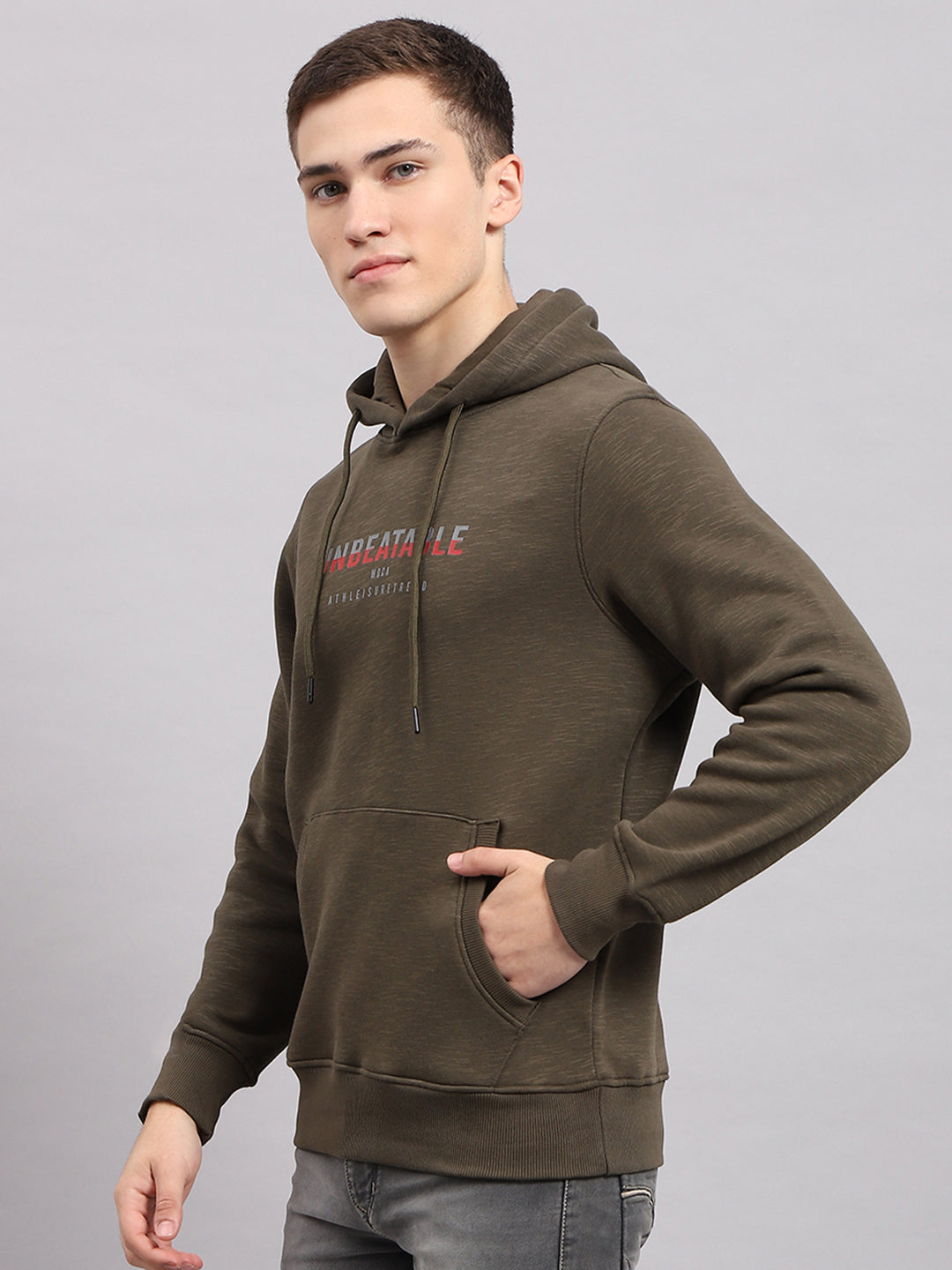 Men Olive Printed Hooded Full Sleeve Sweatshirt