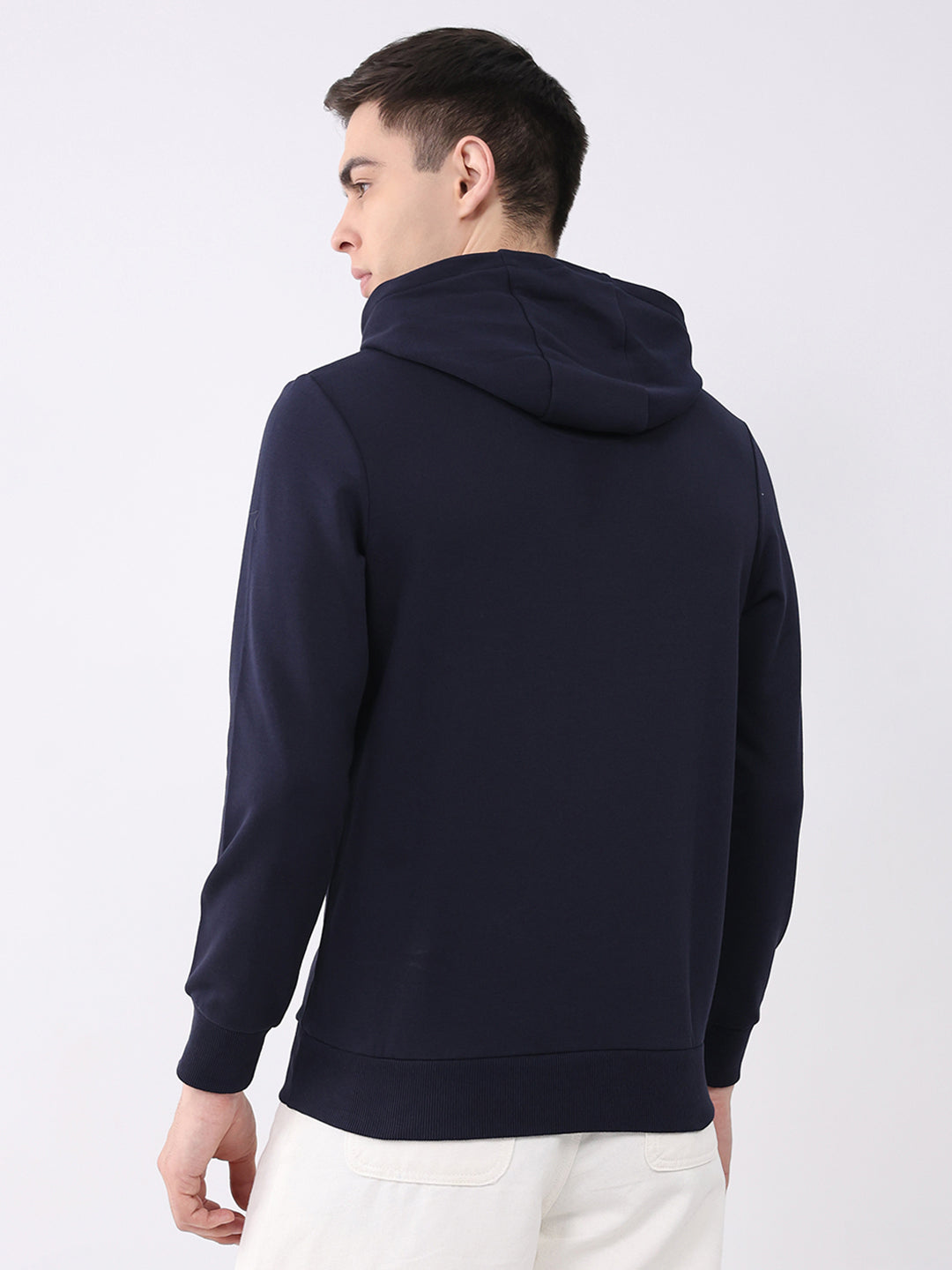 Men Navy Blue Solid Hooded Full Sleeve Sweatshirt