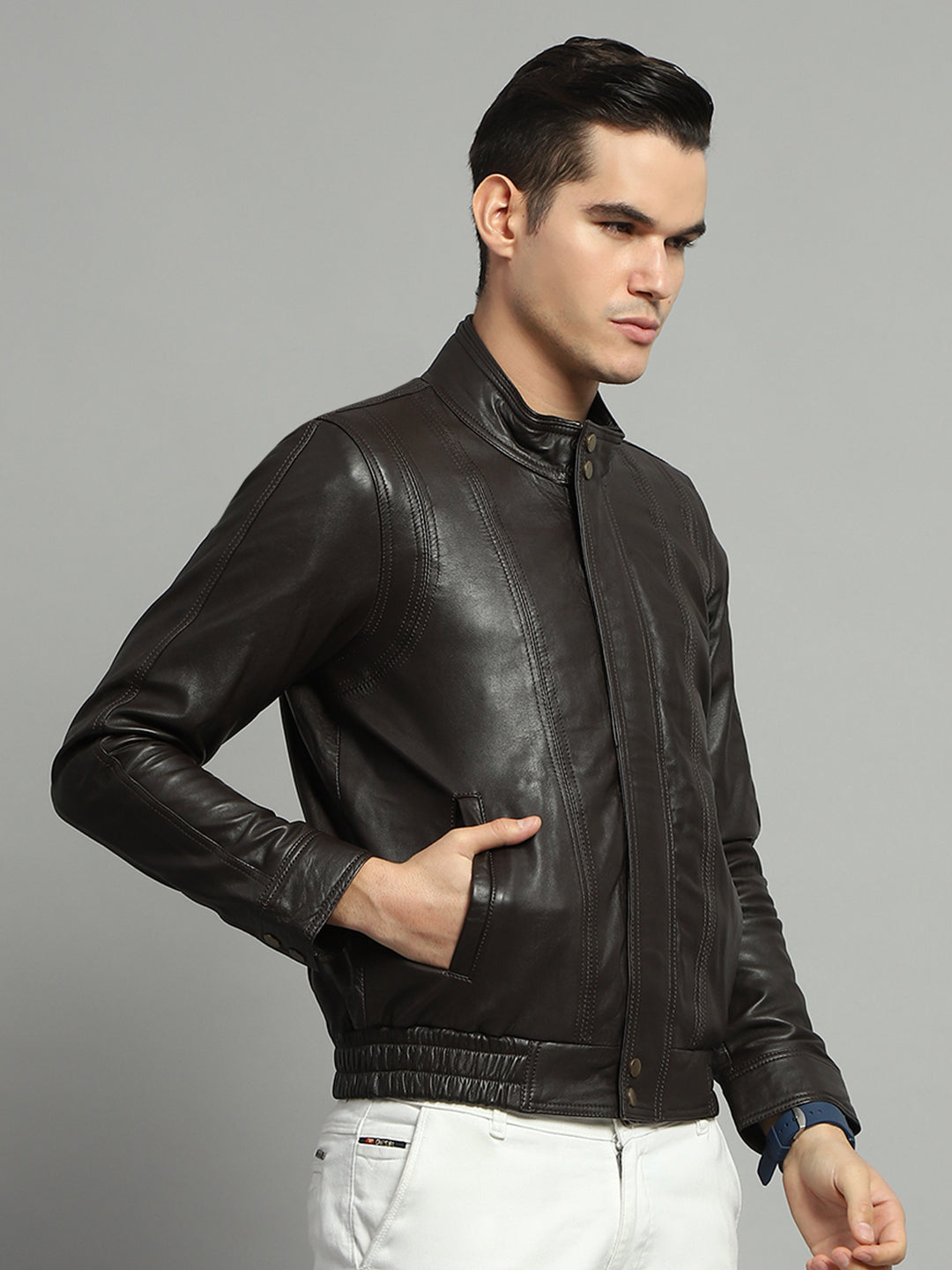 Men Brown Solid Mock Neck Full Sleeve Jacket