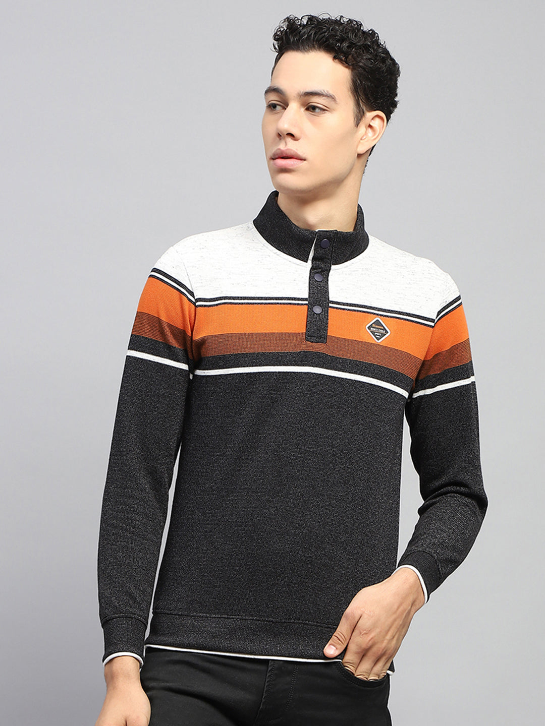 Men Black Self Design Band Collar Full Sleeve Winter T-Shirt