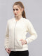 Women Off White Self Design V Neck Full Sleeve Sweatshirt