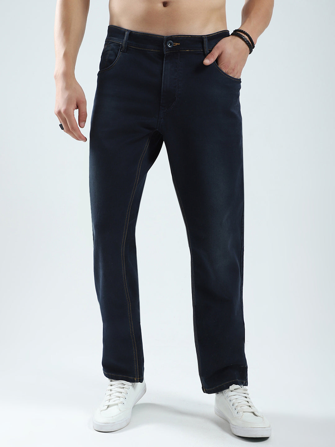 Men Blue Solid Regular Fit Denim
