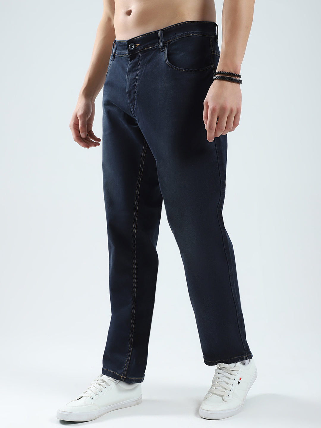 Men Blue Solid Regular Fit Denim