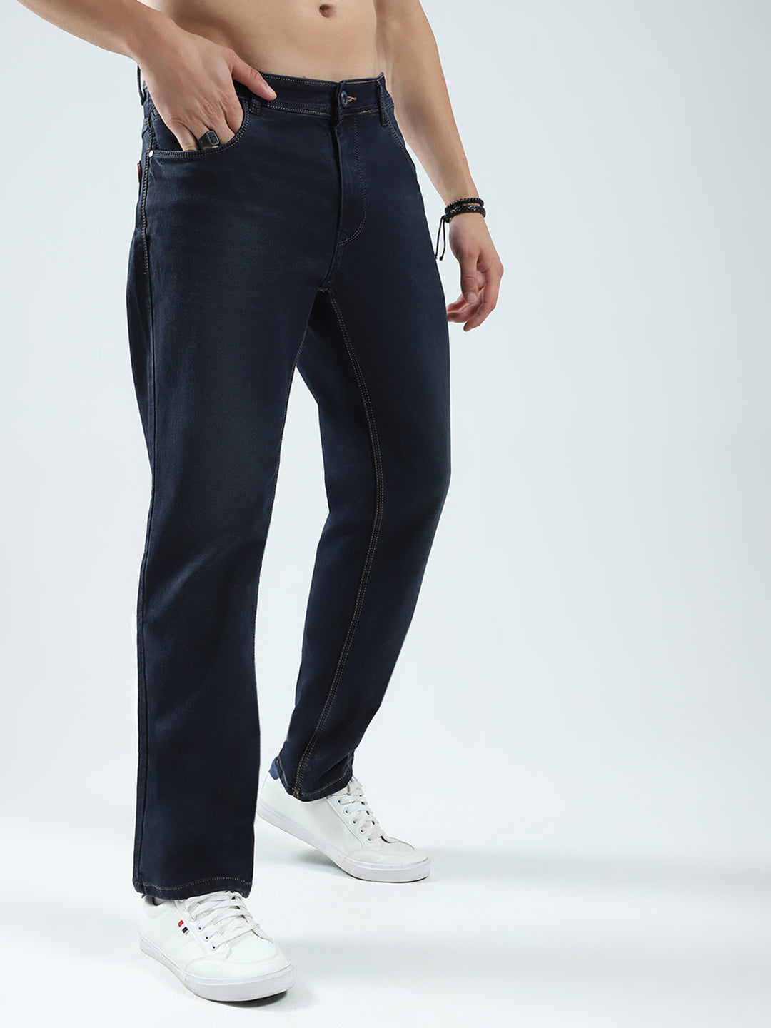 Men Blue Solid Regular Fit Denim