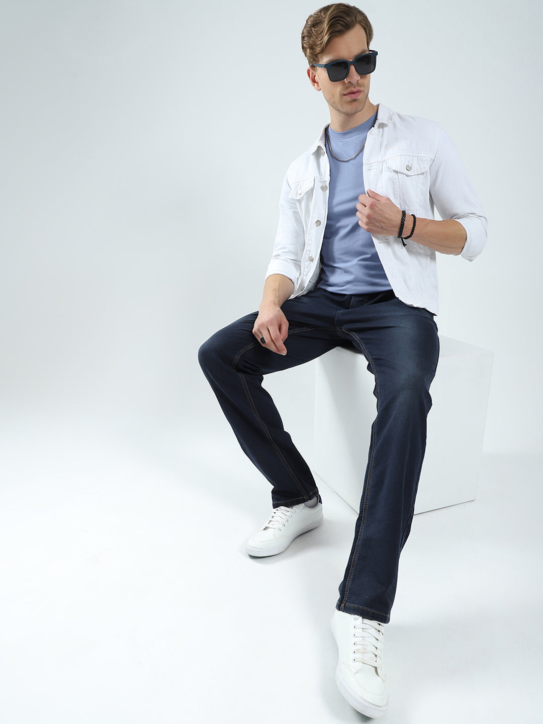 Men Blue Solid Regular Fit Denim
