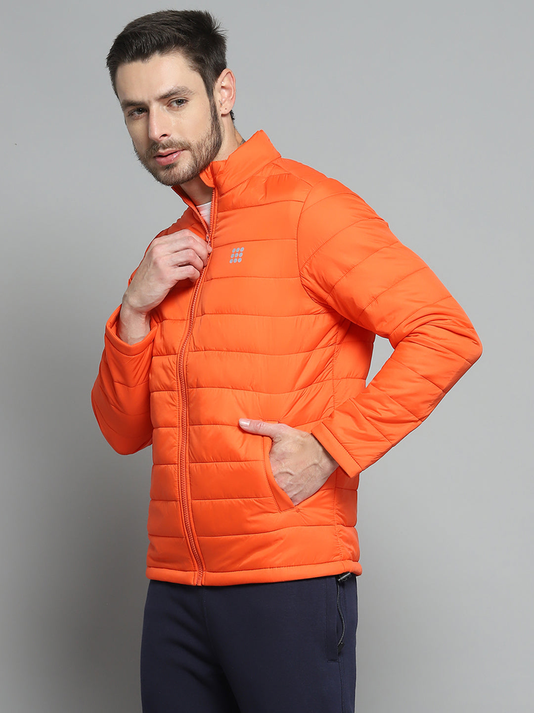 Men Orange Solid Mock Neck Full Sleeve Jacket