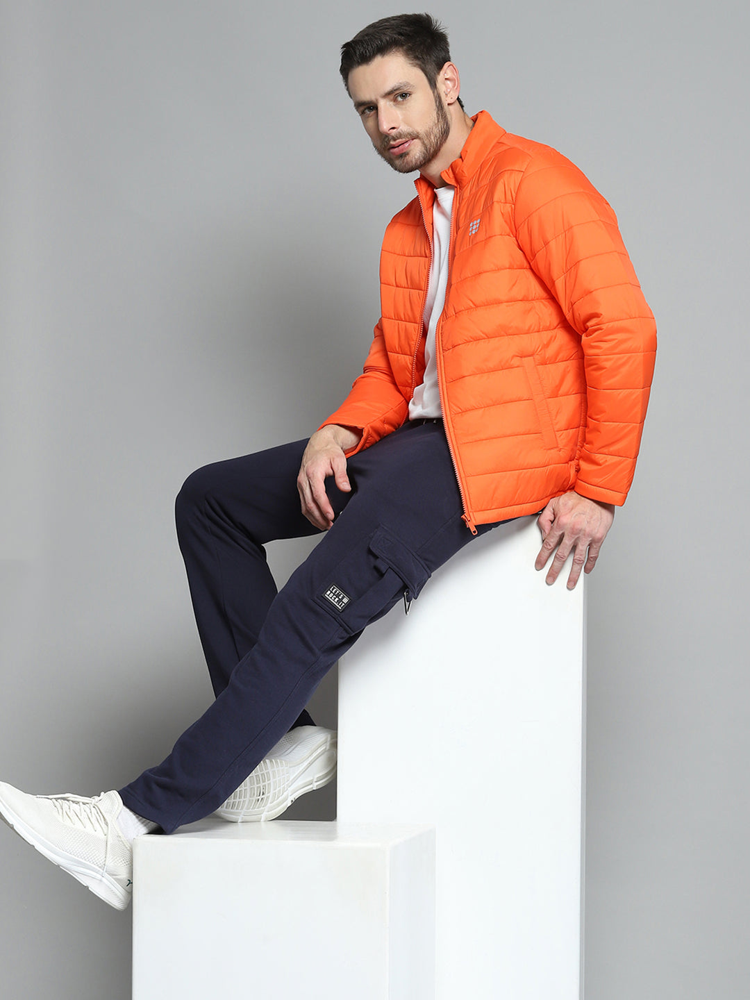 Men Orange Solid Mock Neck Full Sleeve Jacket