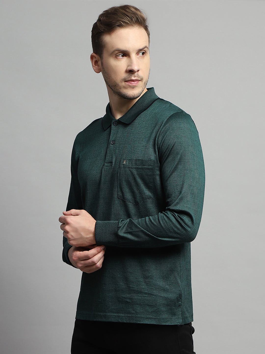 Luxuria Men Green Self Design Collar Full Sleeve Winter T-Shirt