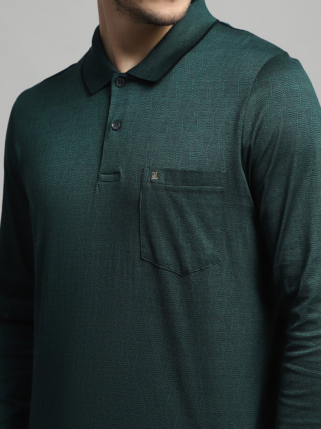 Luxuria Men Green Self Design Collar Full Sleeve Winter T-Shirt