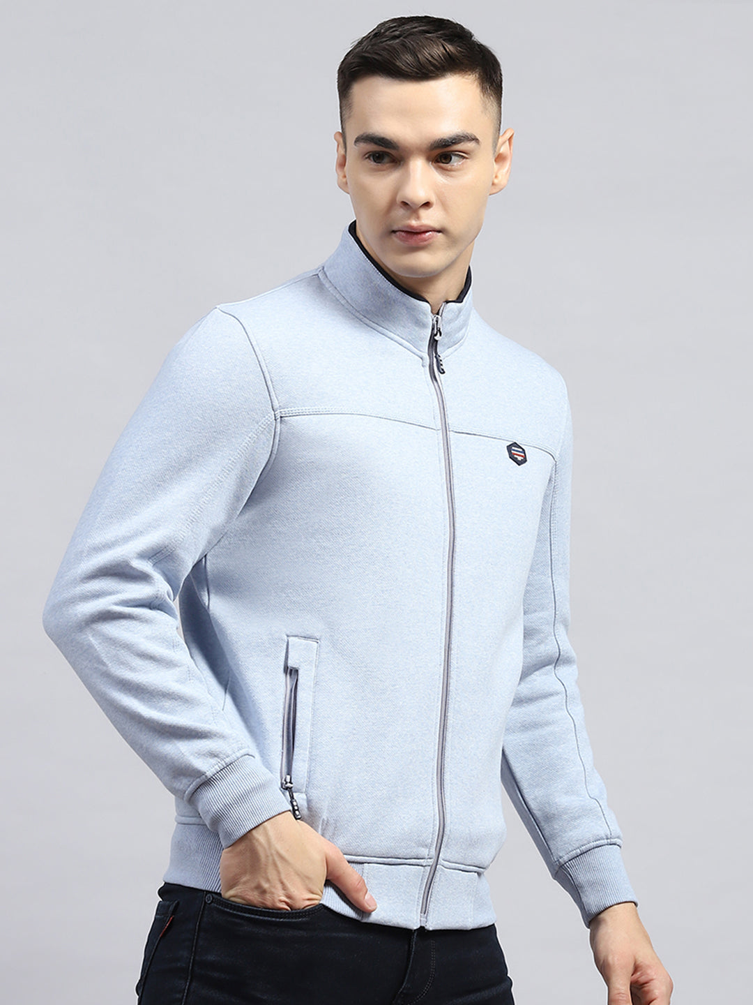 Men Sky Blue Solid Mock Neck Full Sleeve Sweatshirt
