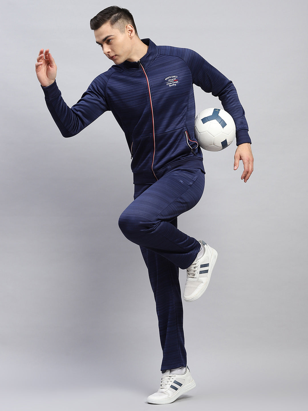 Men Blue Solid Mock Neck Full Sleeve Winter Tracksuit