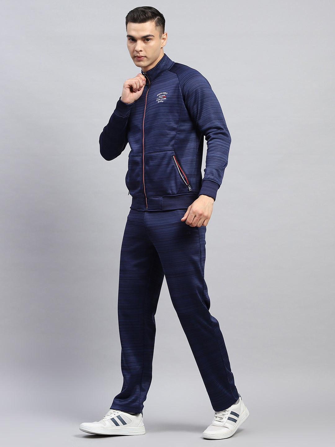Men Blue Solid Mock Neck Full Sleeve Winter Tracksuit