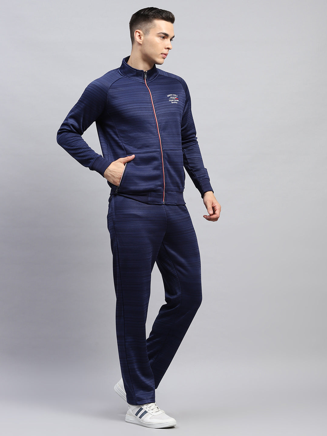 Men Blue Solid Mock Neck Full Sleeve Winter Tracksuit