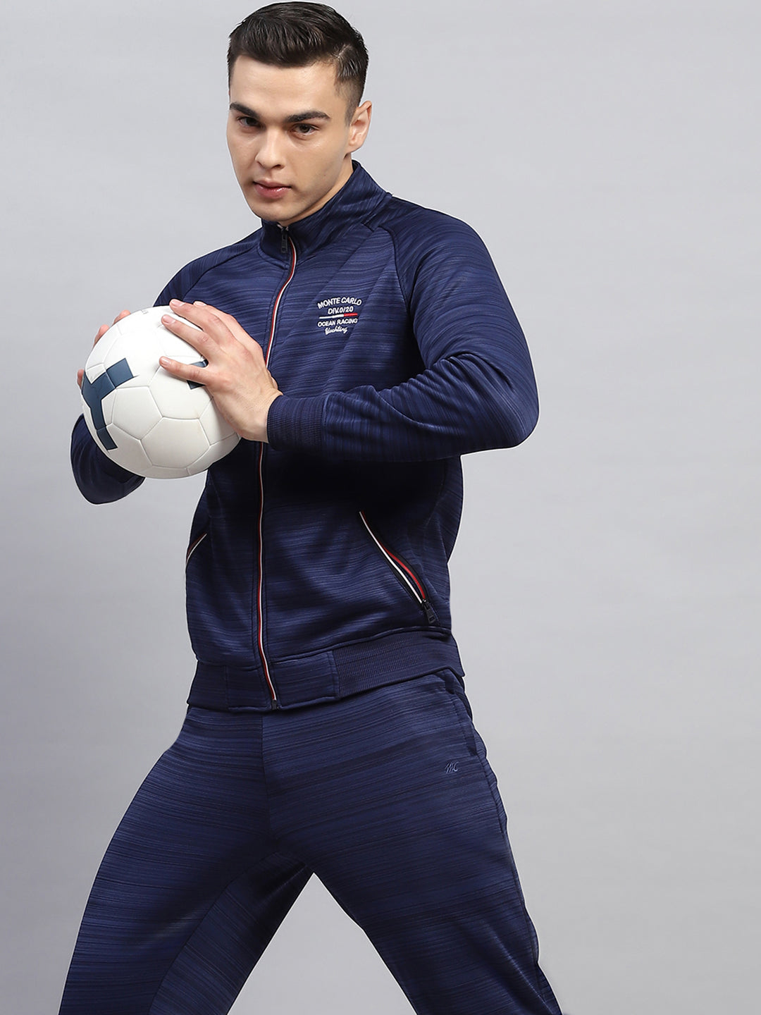 Men Blue Solid Mock Neck Full Sleeve Winter Tracksuit
