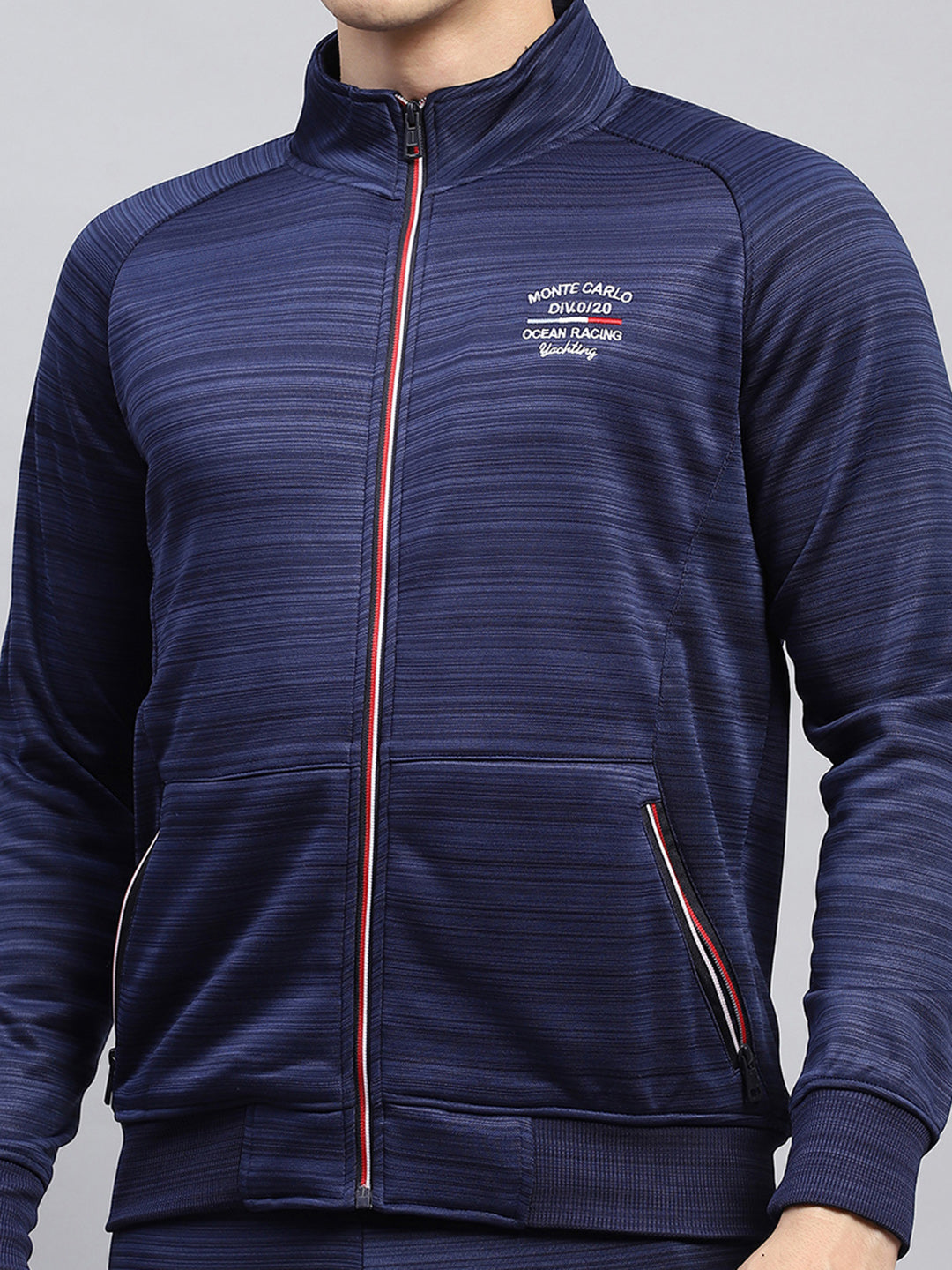Men Blue Solid Mock Neck Full Sleeve Winter Tracksuit