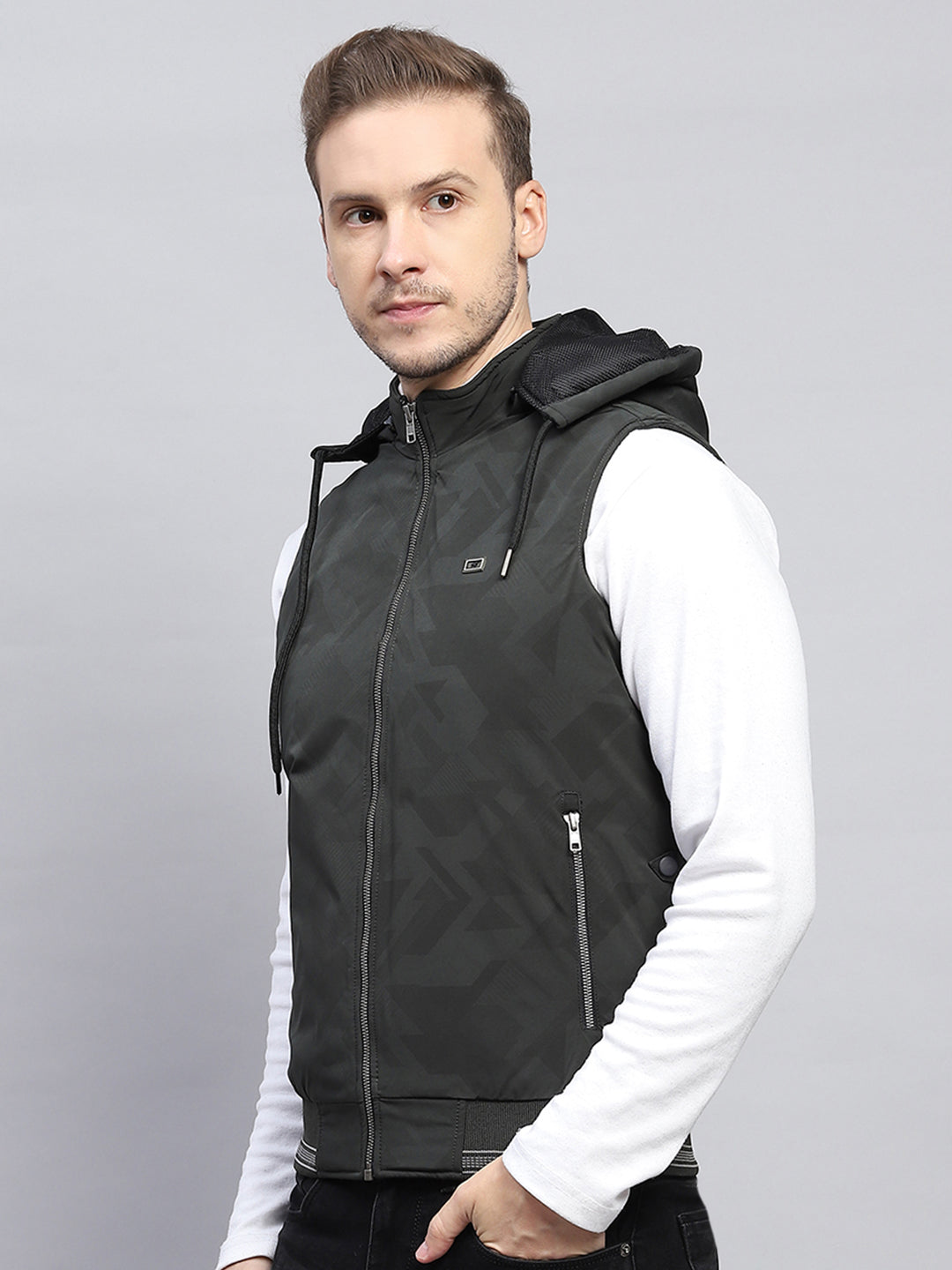 Men Dark Green Printed Hooded Sleeveless Jacket