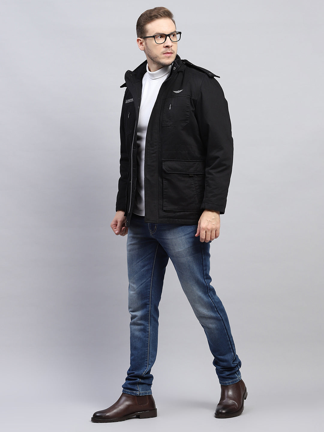 Men Black Solid Detachable Hood Full Sleeve Jacket
