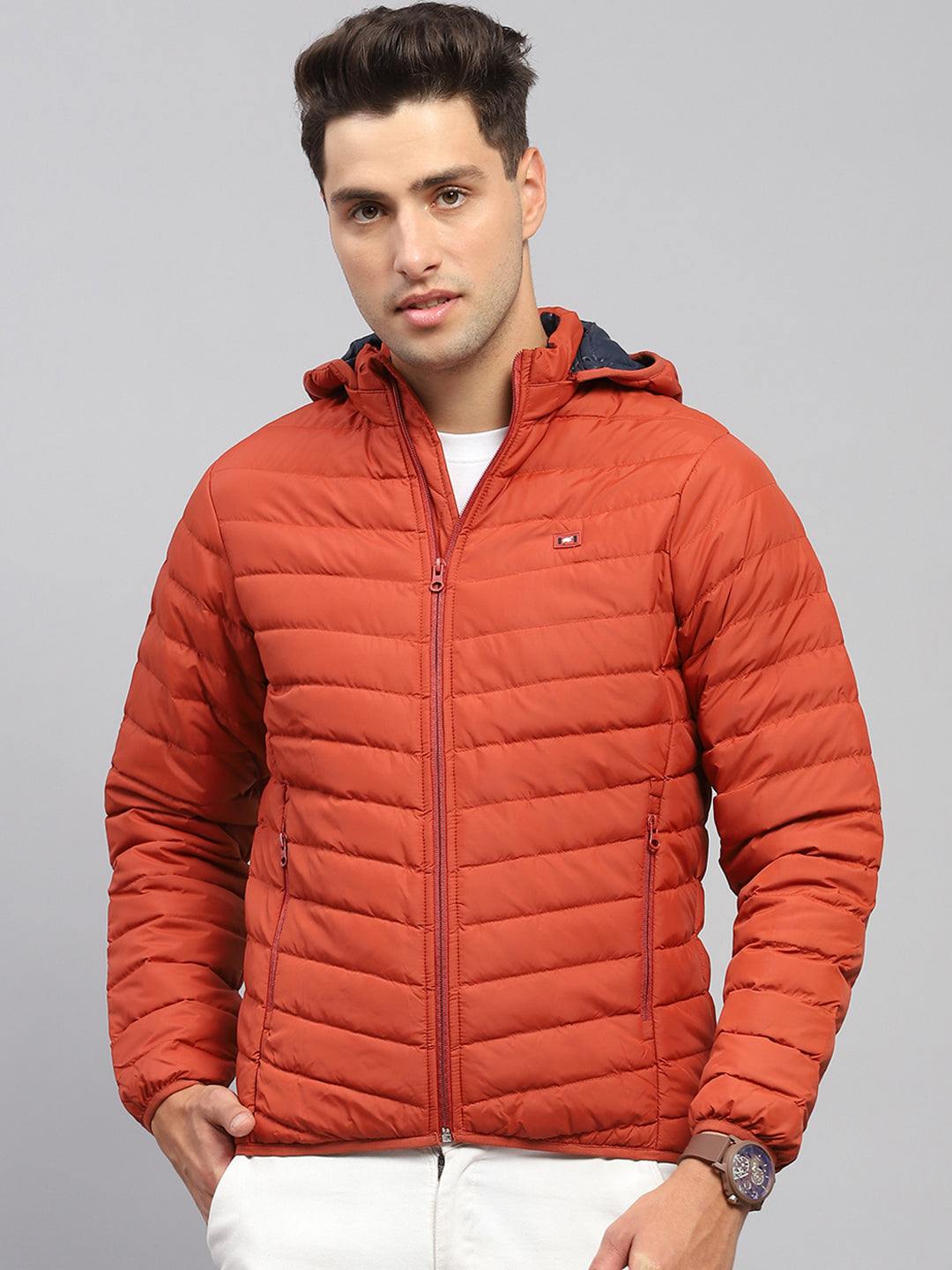 Men Rust Solid Hooded Full Sleeve Jacket