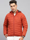 Men Rust Solid Hooded Full Sleeve Jacket
