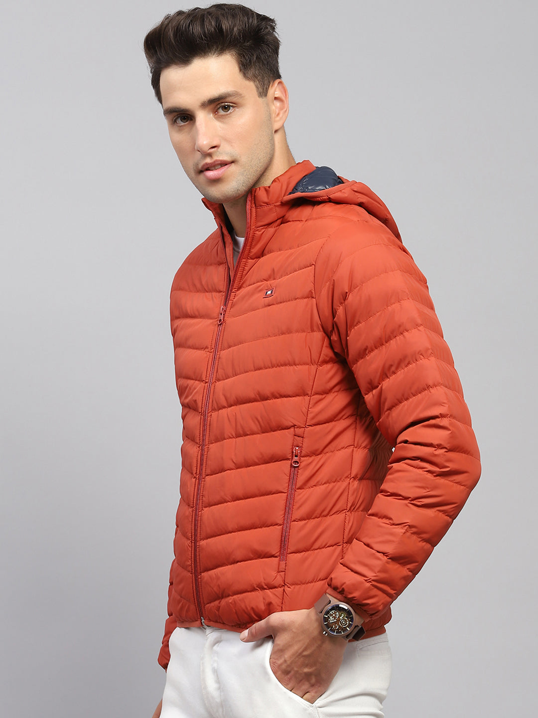Men Rust Solid Hooded Full Sleeve Jacket