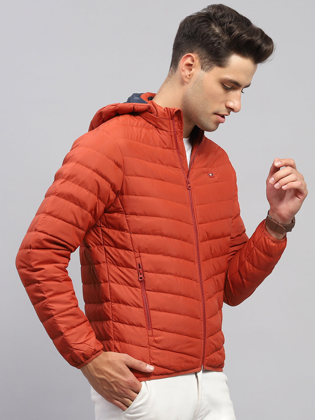 Men Rust Solid Hooded Full Sleeve Jacket