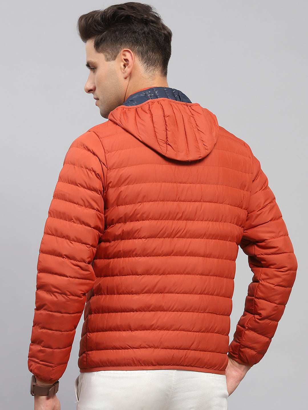 Men Rust Solid Hooded Full Sleeve Jacket