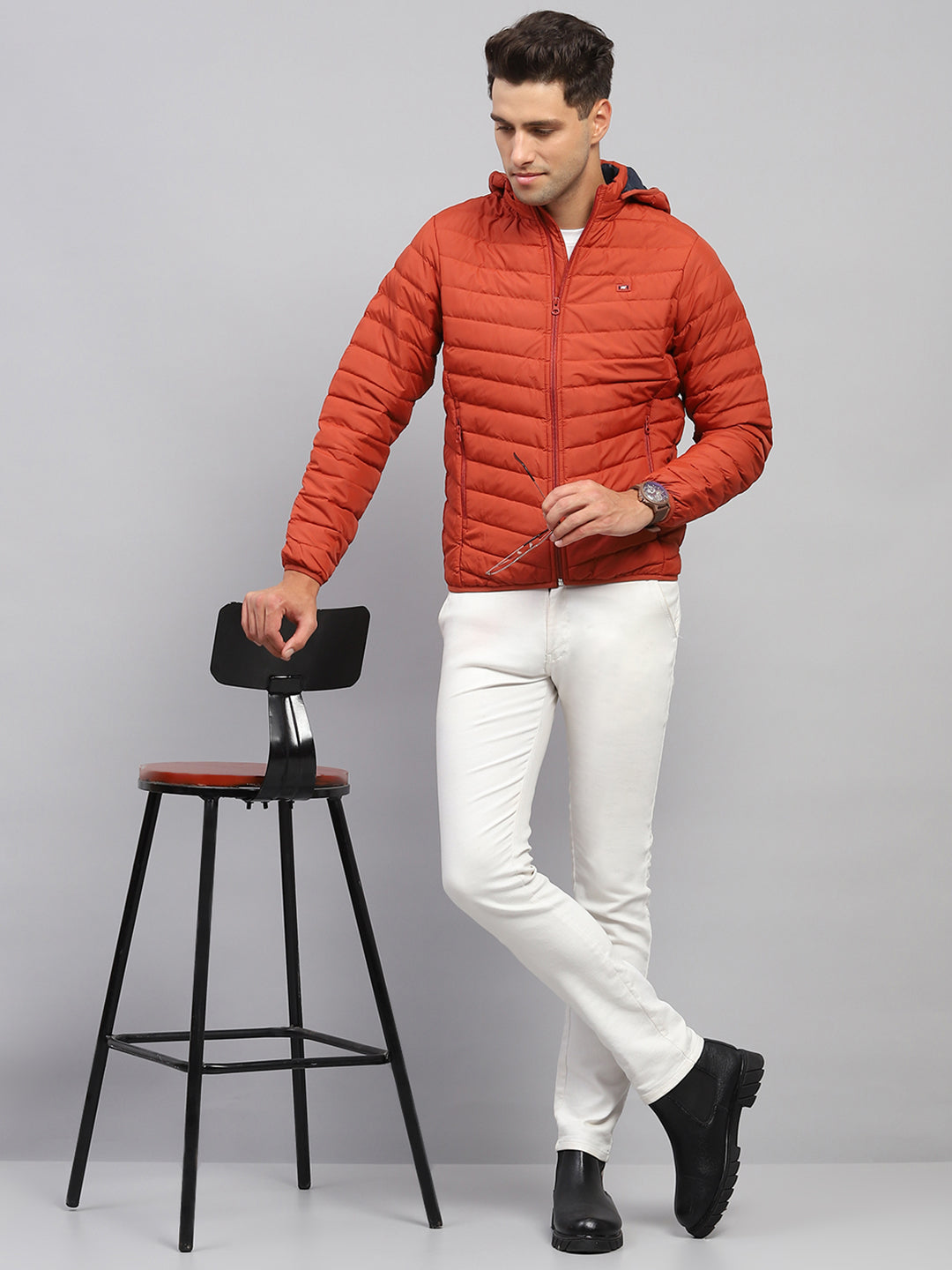 Men Rust Solid Hooded Full Sleeve Jacket