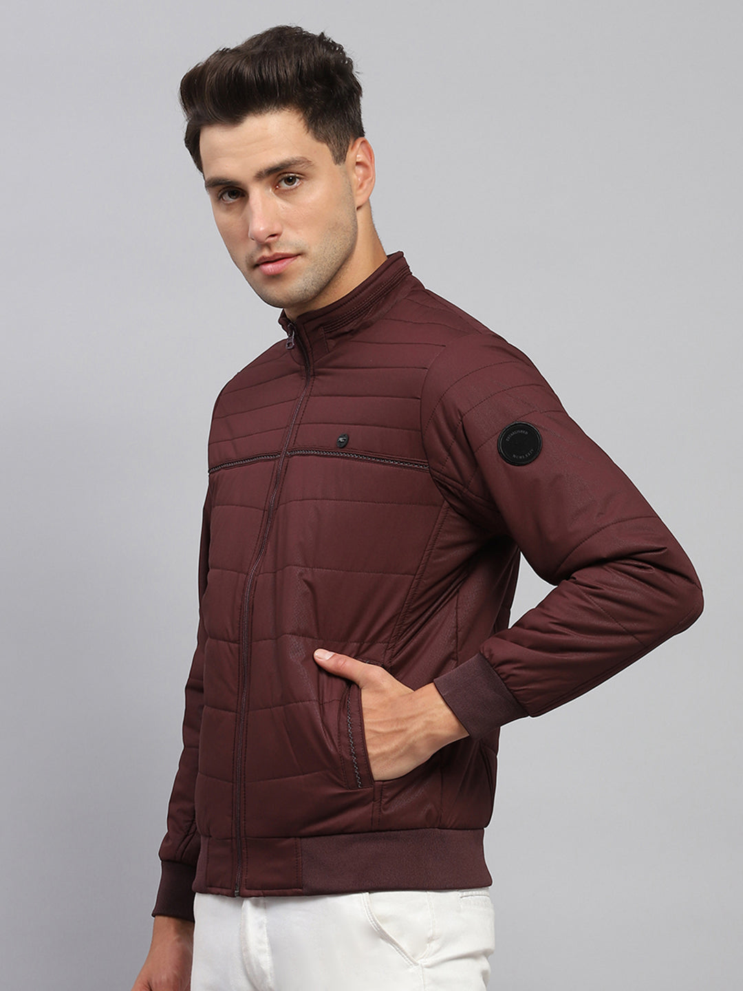Men Maroon Solid Mock Neck Full Sleeve Jacket
