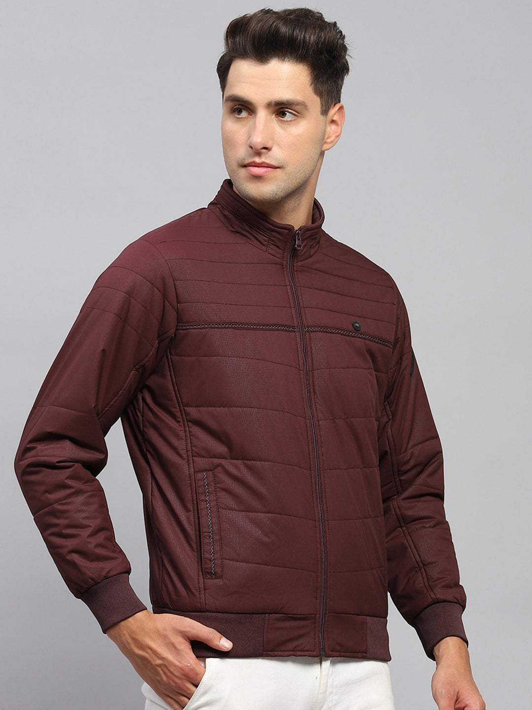 Men Maroon Solid Mock Neck Full Sleeve Jacket