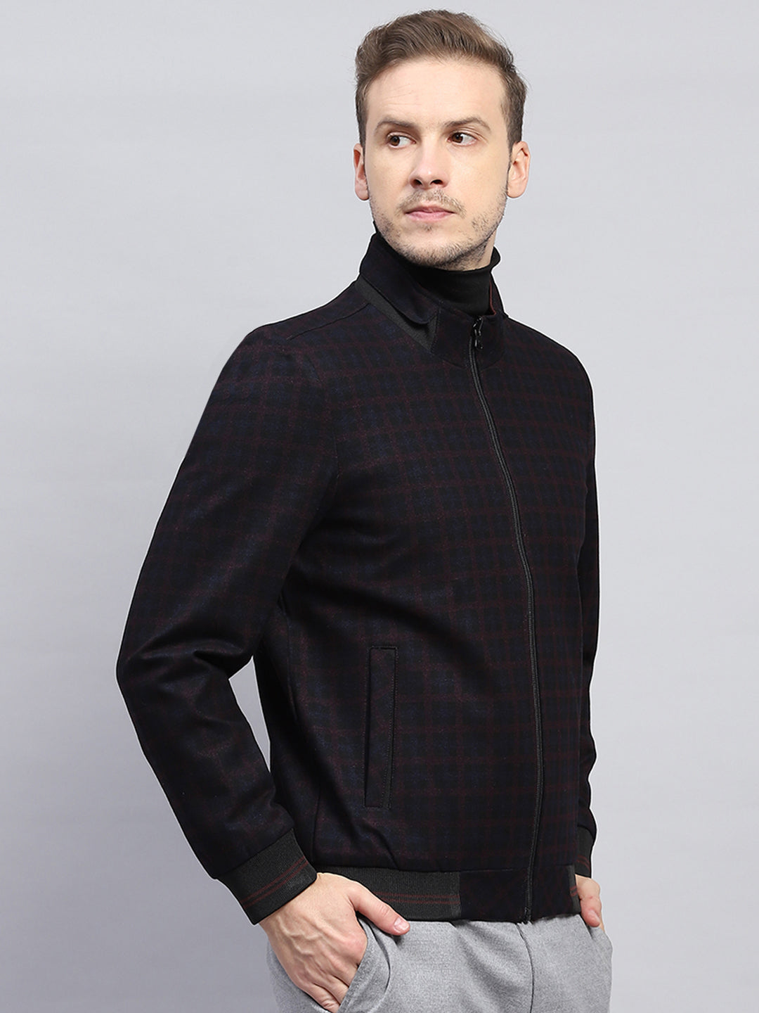Men Maroon & Black Check Mock Neck Full Sleeve Jacket