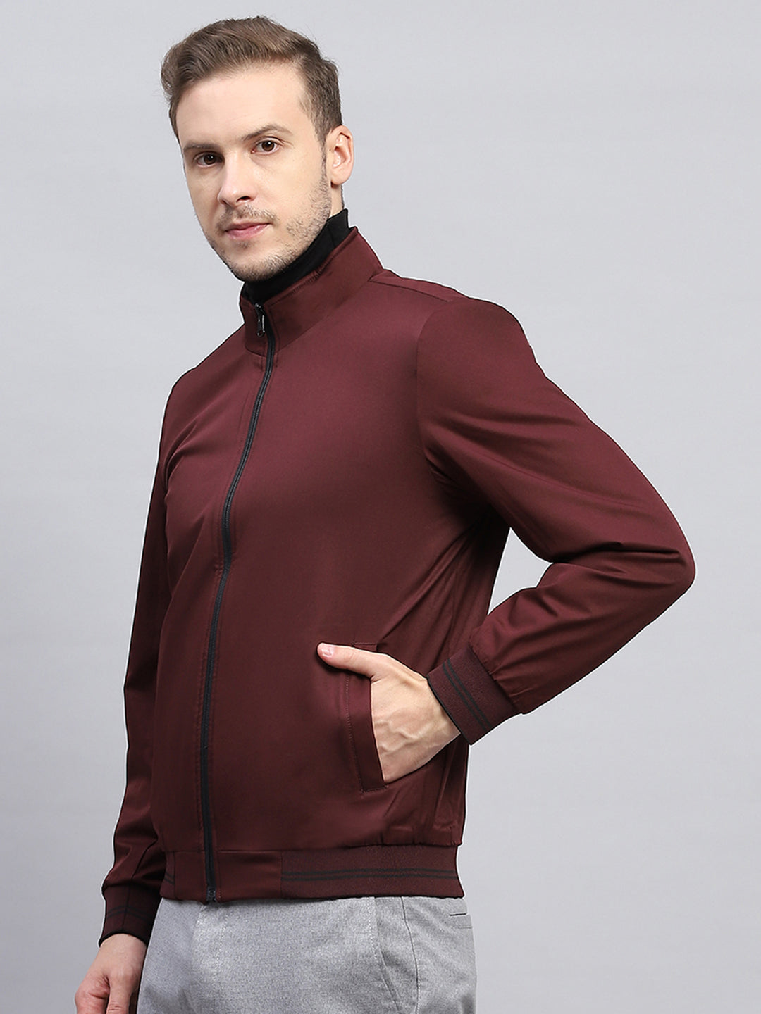 Men Maroon & Black Check Mock Neck Full Sleeve Jacket