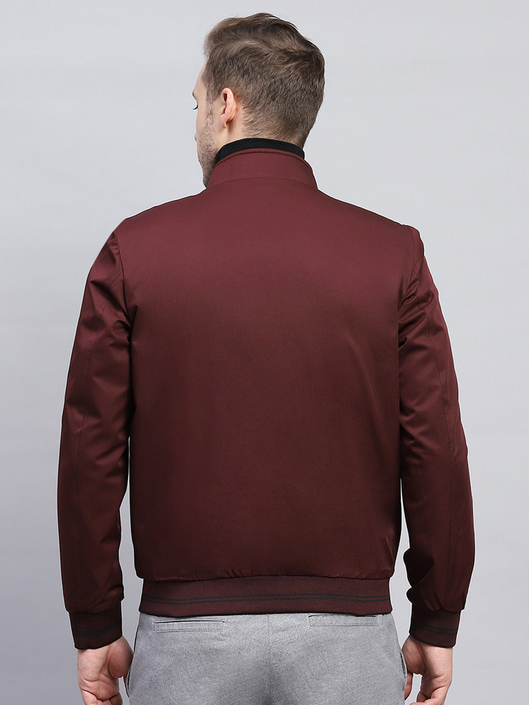 Men Maroon & Black Check Mock Neck Full Sleeve Jacket