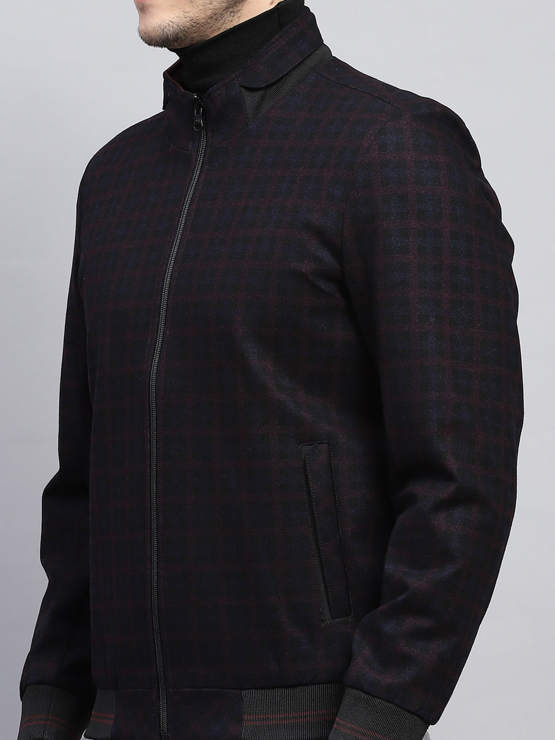 Men Maroon & Black Check Mock Neck Full Sleeve Jacket