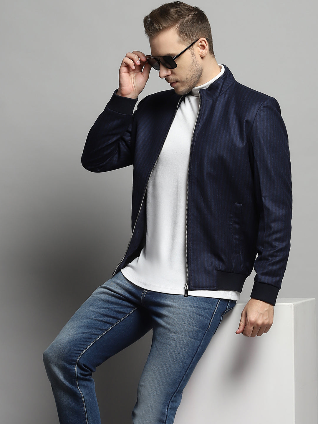 Luxuria Men Blue Stripe Mock Neck Full Sleeve Coat